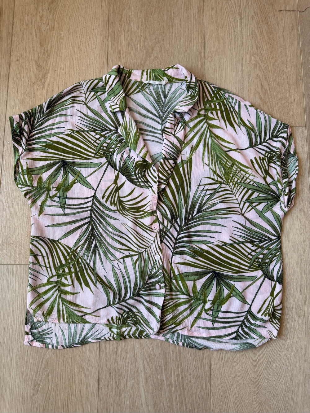Lush Pink Short-Sleeve Top with Green Tropical Leaf Print